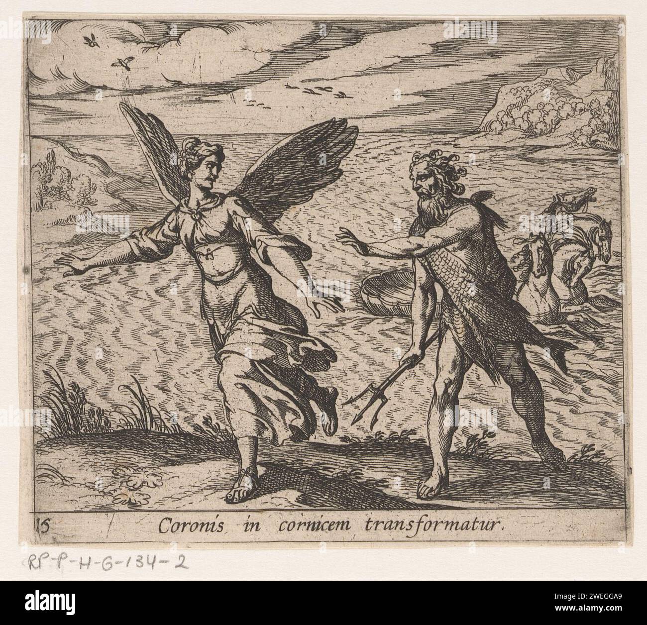 Coronis transformé en corbeau, Antonio Tempesta, 1606 - 1638 estampe Coronis, la fille de Coroneus, est convoité par Neptunus. Elle appelle à l'aide des dieux pour échapper à son étreinte. Les dieux la transforment en corbeau. Coronis a des ailes et s'enfuit de Neptune. Titre en latin en STUDMARGE. gravure de papier chants-oiseaux : crow. Coronis transformé en corbeau : pour échapper à l'amour de Neptune, Coronis, fille de Coroneus, est transformé en corbeau par Minerve (Ovide, Métamorphoses II 569) Banque D'Images