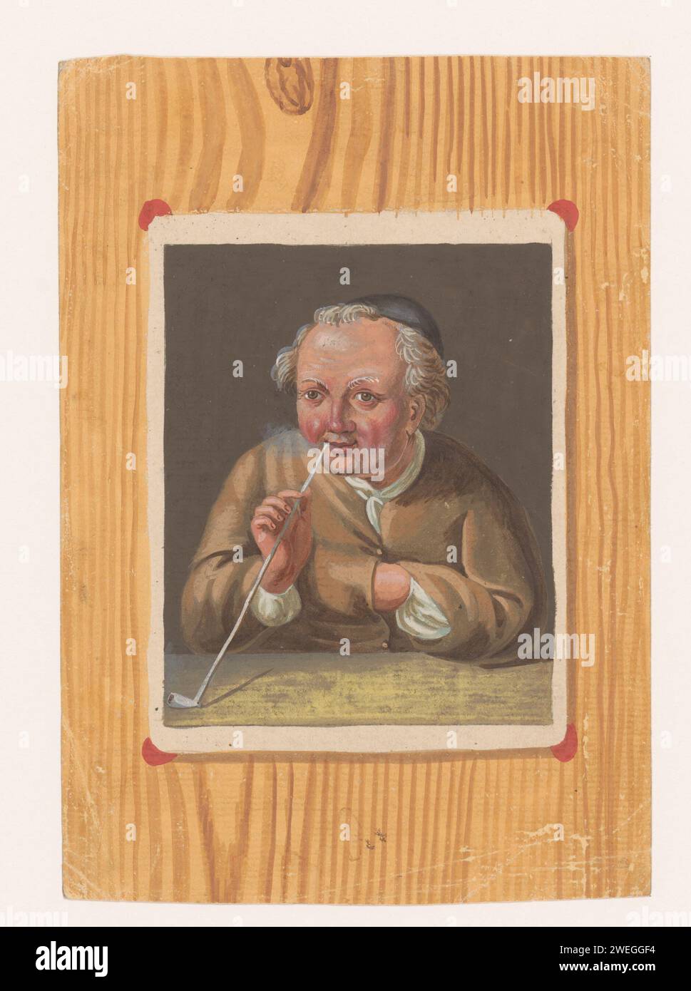 Pijprokende homme, anonyme, c. 1740 - c. 1760 imprimer trompe l'oeil : comme si la feuille avec le spectacle contre un mur en bois a été attachée. gravure sur papier 'illusion optique'. pipe  tabac Banque D'Images