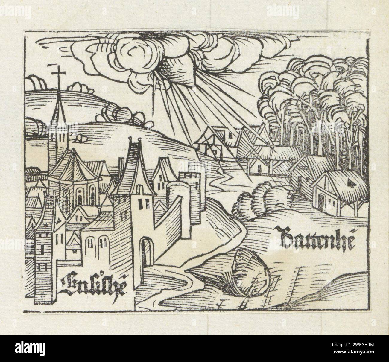 Vue d'Ensisheim et de Battenheim avec impact météorique, Michel Wolgemut (atelier or), 1493 imprimer vue d'Ensisheim et de Battenheim. Le spectacle montre un événement de 1492. Puis une météorite tomba du ciel. L'impression fait partie d'un album. impression typographique papier vue sur la ville, et paysage avec des constructions artificielles. meteor Ensisheim. Battenheim Banque D'Images