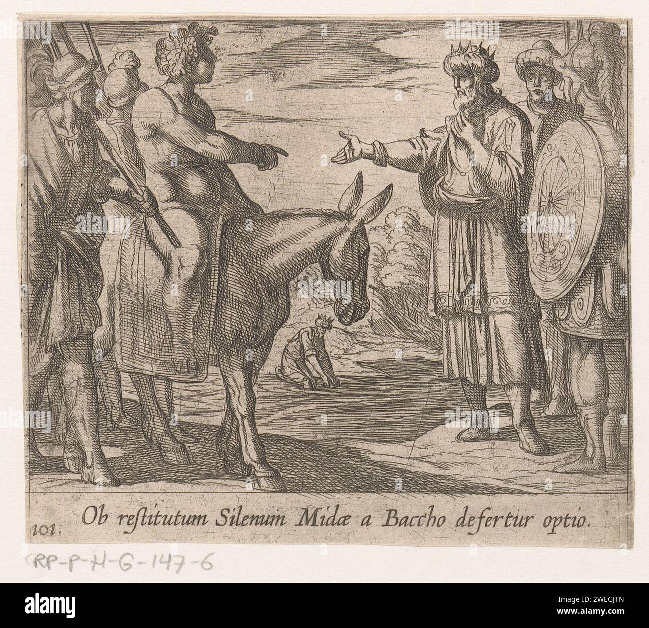 Bacchus permet à Midas un vœu, Antonio Tempesta, 1606 - 1638 imprimer Bacchus est assis sur un âne et permet au roi Midas de faire un vœu. Titre en latin en STUDMARGE. Papier mordant Midas avant Bacchus Banque D'Images