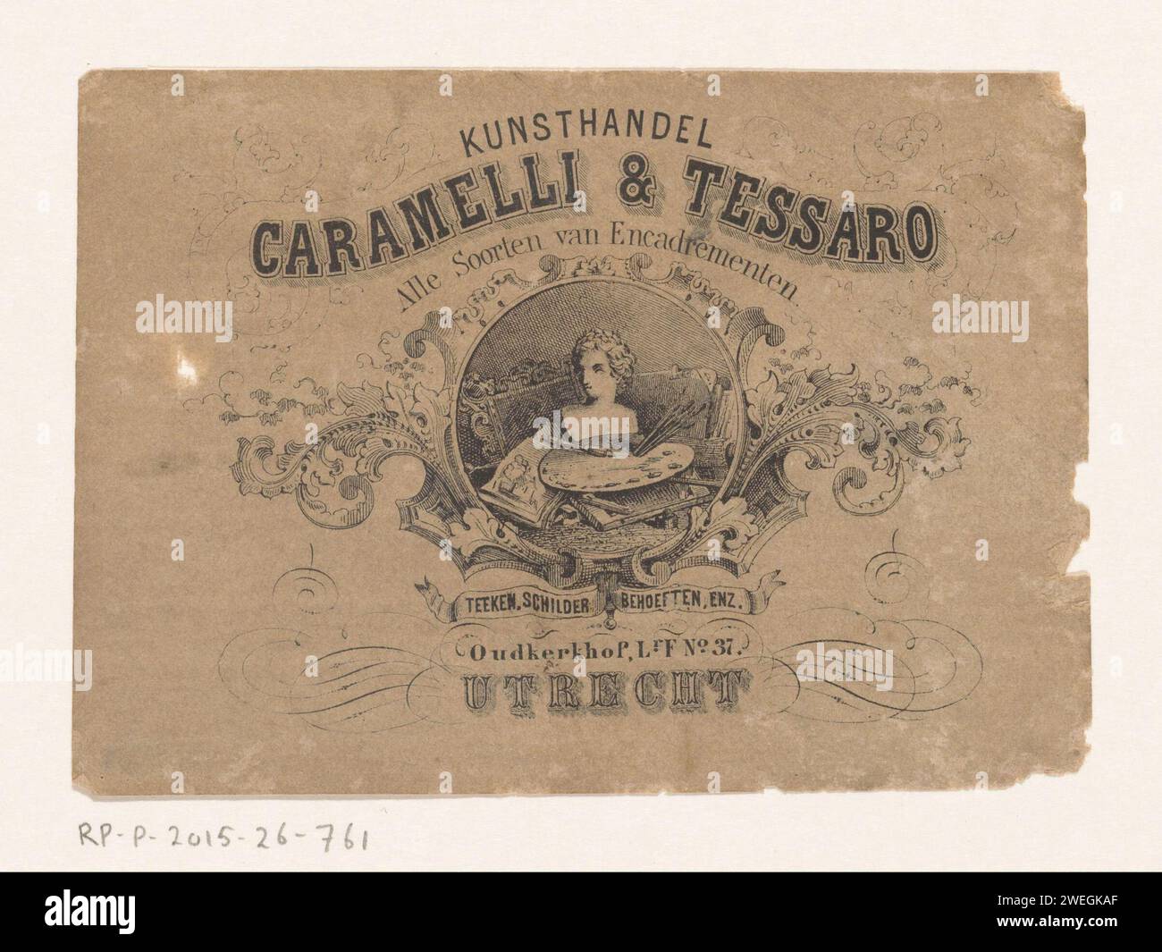 Label du concessionnaire d'art Caramelli & Tessaro à Utrecht, 1912 - 1924 print. Label cartouche avec des matériaux de peinture, un buste et un cadre décoratif. outils en papier, instruments de peintre. cadre de peinture, etc Banque D'Images
