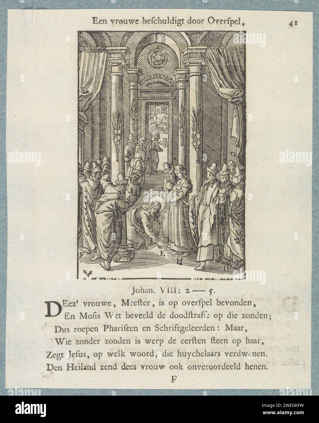 Christ et la femme adultère, 1740 estampe dans le temple de Jérusalem, les Pharisiens amènent une femme à Christ qui est attrapée adultère. Il doit la juger. Christ écrit avec son doigt sur le sol et dit : «qui est sans péché, en jetant la première pierre.» Il y a des lettres avec différents éléments de la performance. Un titre au-dessus du spectacle. Ci-dessous six versets et une référence à Johannes 8 : 2-5. L'impression fait partie d'un album. Impression typographique en papier les Pharisiens apportent une femme accusée d'adultère devant Christ (Jean 8:2-11) Banque D'Images