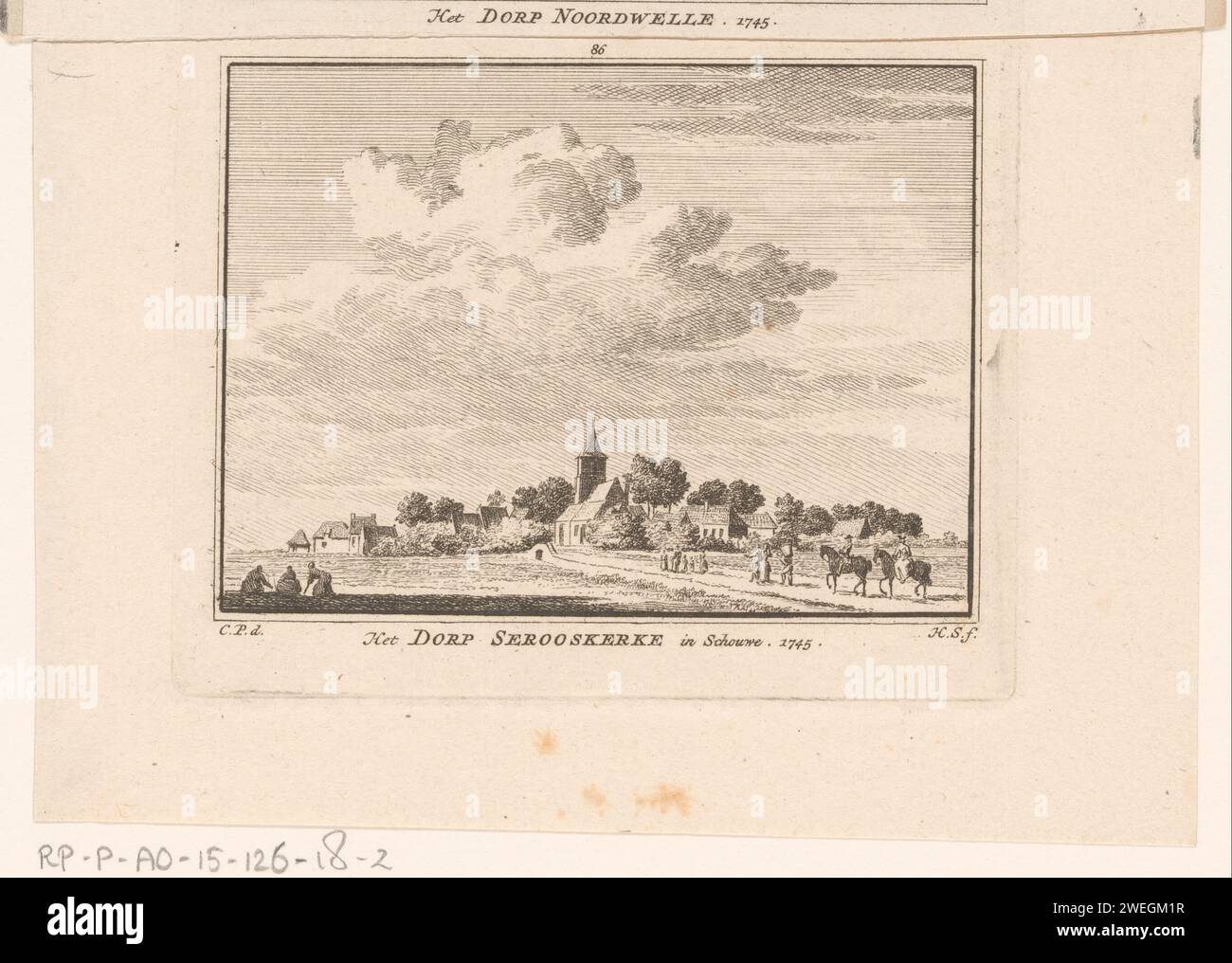 Vue de Noordwelle, 1745, Hendrik Spilman, d'après Cornelis Pronk, 1754 - 1792 imprimer vue du village de Noordwelle sur Schouwen-Duiveland, dans la situation vers 1745. papier gravure perspective de village, silhouette de village. église (extérieur) Noordwelle Banque D'Images