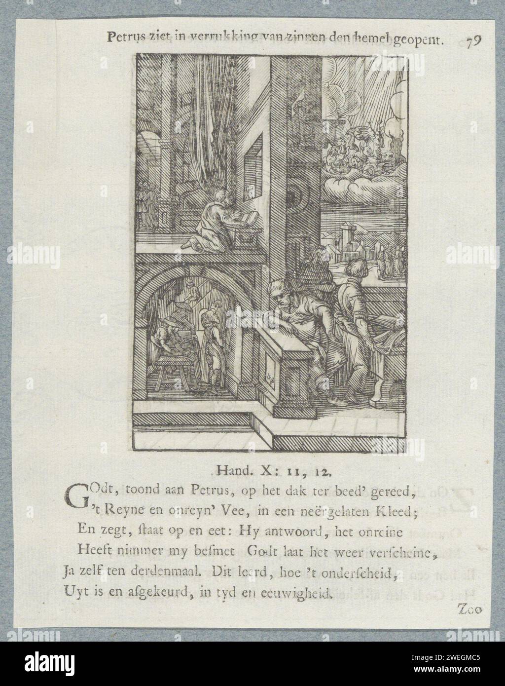 Vision des animaux impurs, 1740 imprimer l'apôtre Pierre, priant dans sa chambre, obtient une vision. Une grande feuille apparaît dans le ciel, dans lequel se trouvent toutes sortes d'animaux du monde. Cette vision était symbolique, un signe de Dieu que les non-Juifs ont été créés par Dieu pour recevoir le message du Christ. En arrière-plan, les messagers du centurio romain Cornelius arrivent à la maison de Pierre. Un titre au-dessus du spectacle. Ci-dessous six versets et une référence à actes 10 : 11-12. L'impression fait partie d'un album. Impression typographique papier vision de Pierre des bêtes impures sur le toit de la maison de Simon le Tanne Banque D'Images