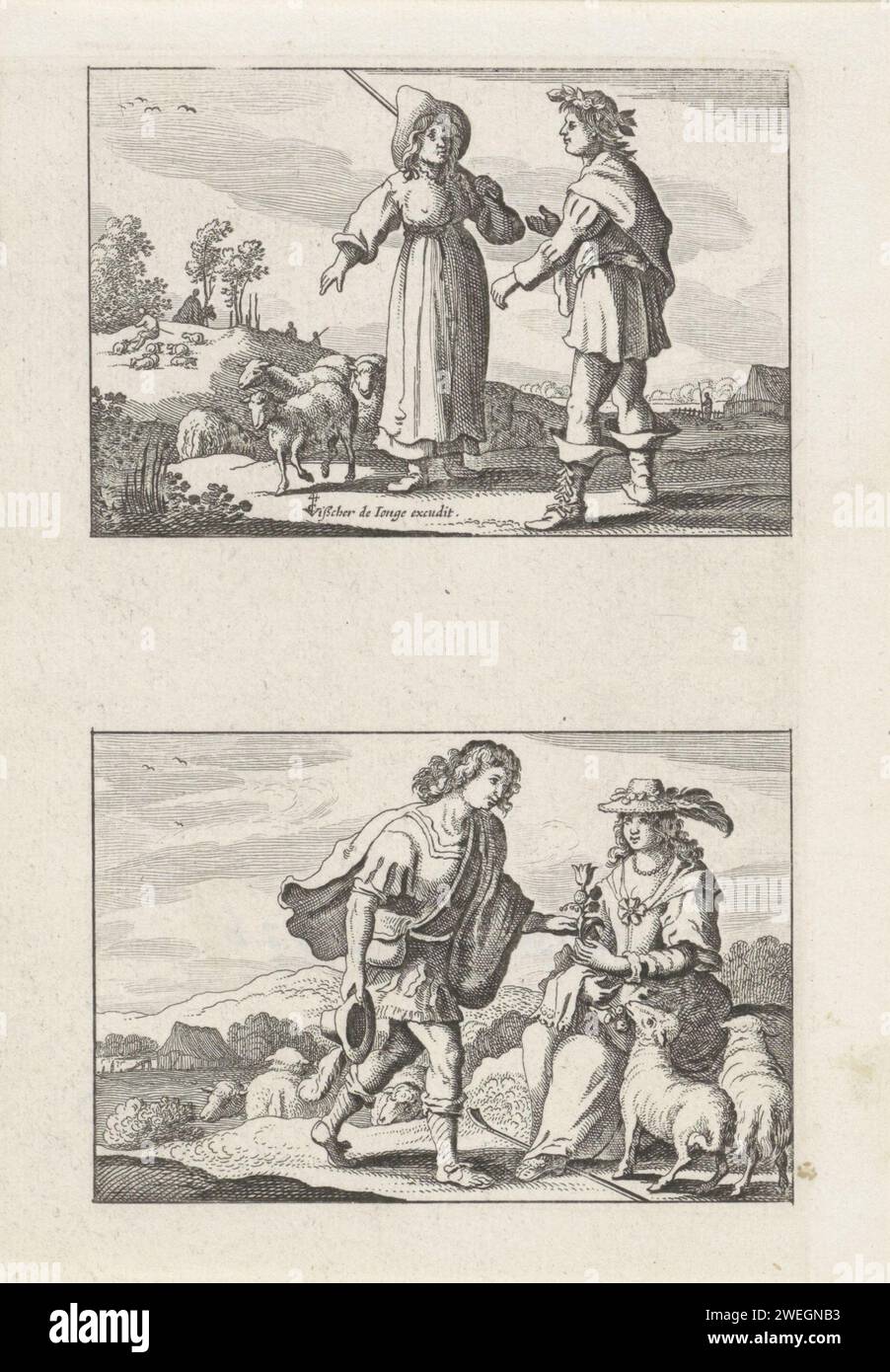 Bergers et bergers, Nicolaes Visscher (I), 1633 - 1679 imprimer feuille avec 2 représentations de bergers et bergers dans un paysage. Ci-dessus : un berger et un berger en conversation. Ci-dessous : un berger qui donne une fleur à un berger. Papier gravure Pastorale, scènes arcadiennes Banque D'Images