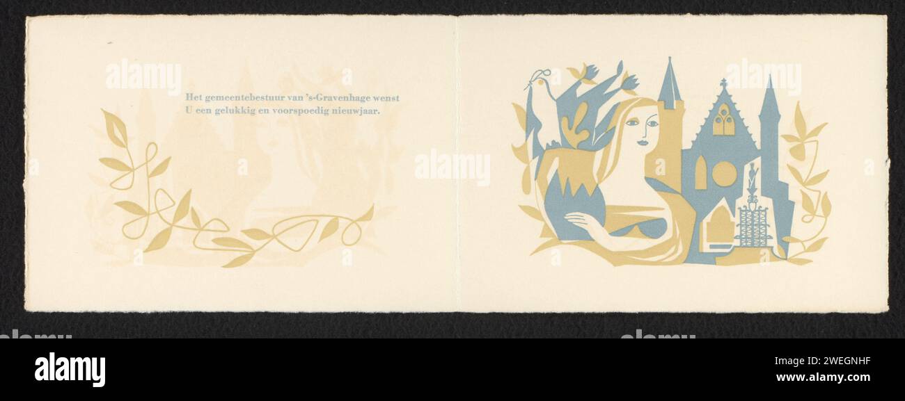Vœux de Noël et du nouvel an de la municipalité de la Haye, Anonyme, c. 1940 - c. 1980 impression sur le devant des armoiries de la ville de la Haye. A l'intérieur à gauche une décoration botanique, à droite une femme avec un vase dans les mains devant le Binnenhof. armoiries en papier (symbole de souveraineté). récipient de pierre : vase en pierre. vrilles  ornement Banque D'Images