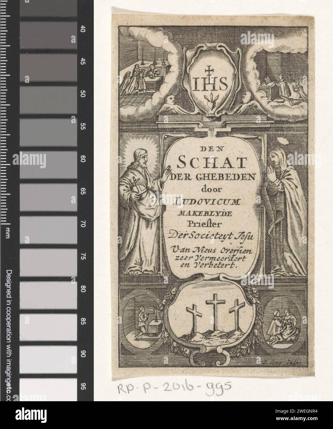 Christ, Marie et figures de prière, Daniel Bongaert (possible), 1738 print Christ avec Rijksappel et Marie avec les mains pliées se tiennent de chaque côté d'un cartouche avec le titre du livre. Au milieu de trois croix sur le mont Golgota. Au milieu des lettres IHS. Images de figures de prière dans les quatre coins. Gravure sur papier / gravure Christ. La Vierge Marie. Prière (privée) ; 'Oratione', 'prières', 'prière à Dieu' (Ripa). (Public) prière Banque D'Images