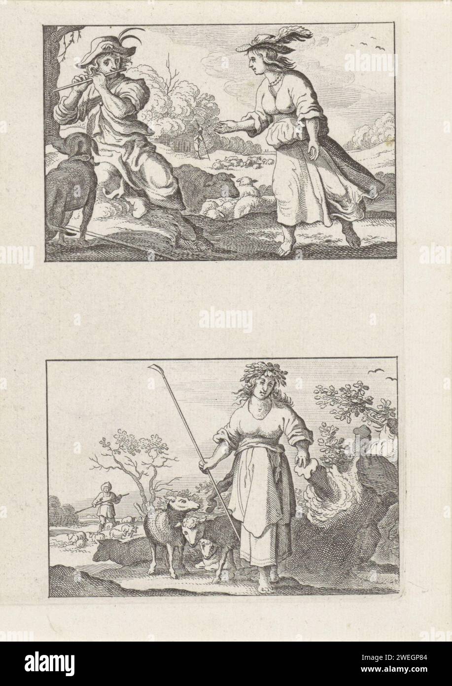 Bergers et bergers, Nicolaes Visscher (I), 1633 - 1679 imprimer feuille avec 2 représentations de bergers et bergers dans un paysage. Ci-dessus : un berger musicien et un berger debout. Ci-dessous : un berger reposant contre une souche d'arbre. Papier gravure Pastorale, scènes arcadiennes Banque D'Images