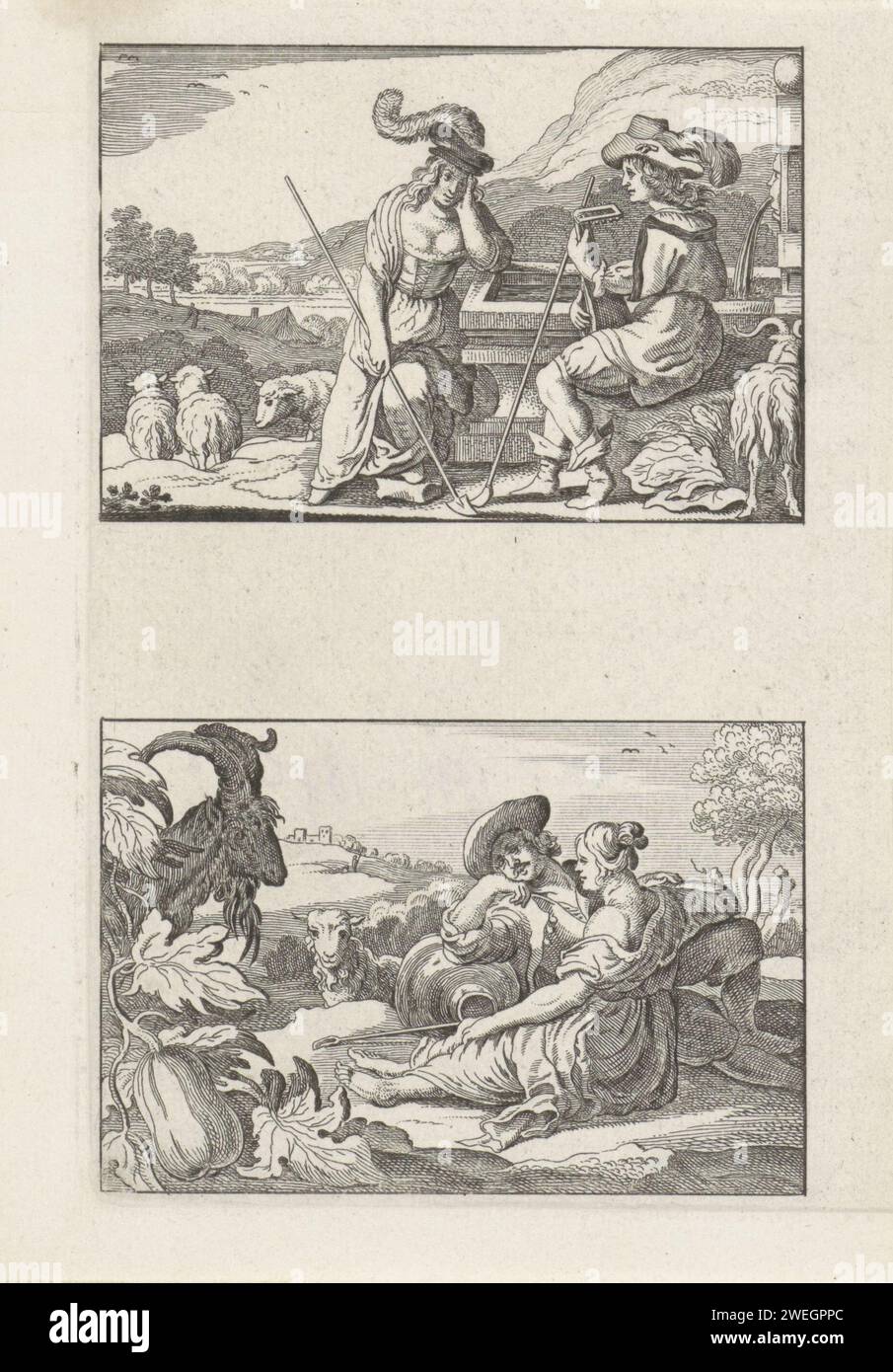 Bergers et bergers, Nicolaes Visscher (I), 1633 - 1679 imprimer feuille avec 2 représentations de bergers et bergers dans un paysage. Ci-dessus : un berger musicien et un berger dans une fontaine. Ci-dessous : un berger et un berger au repos. Papier gravure Pastorale, scènes arcadiennes Banque D'Images