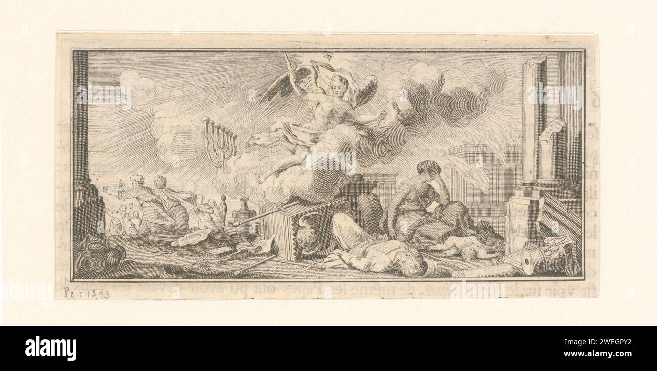 Mort du premier-né en Egypte, 1743 imprimer Archange Michael avec l'épée et les écailles vole au-dessus d'une ville en ruine. Aaron est au centre du sol. A droite - colonnes brisées et un bâtiment en feu. Les gens fuient et tiennent une menorah sur la gauche. Une femme pleure à droite. Il y a des enfants morts devant elle. Gravure sur papier / gravure / impression typographique 'menorah', chandelier doré à sept branches, conservé dans le Tabernacle. La peste du premier-né : l'ange destructeur traverse la terre et tue chaque premier-né égyptien d'homme et d'animal. vignette. L'Archange Michael (souvent dans Banque D'Images