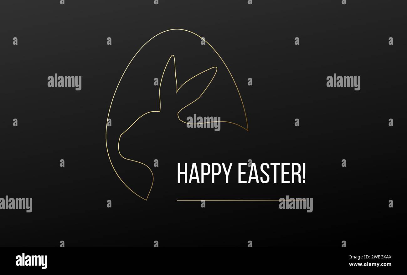 Carte de voeux joyeuses Pâques avec cadre en forme d'oeuf de ligne dorée, silhouette de lapin de Pâques. Logo lapin de Pâques. Fond noir et texte blanc Happy Easter Illustration de Vecteur