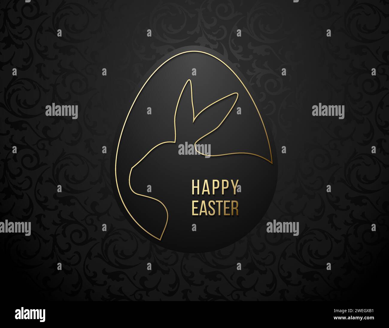 Carte de voeux joyeuses Pâques avec cadre en forme d'oeuf de ligne dorée, silhouette de lapin de Pâques. Logo lapin de Pâques. Fond de motif floral noir et or Illustration de Vecteur
