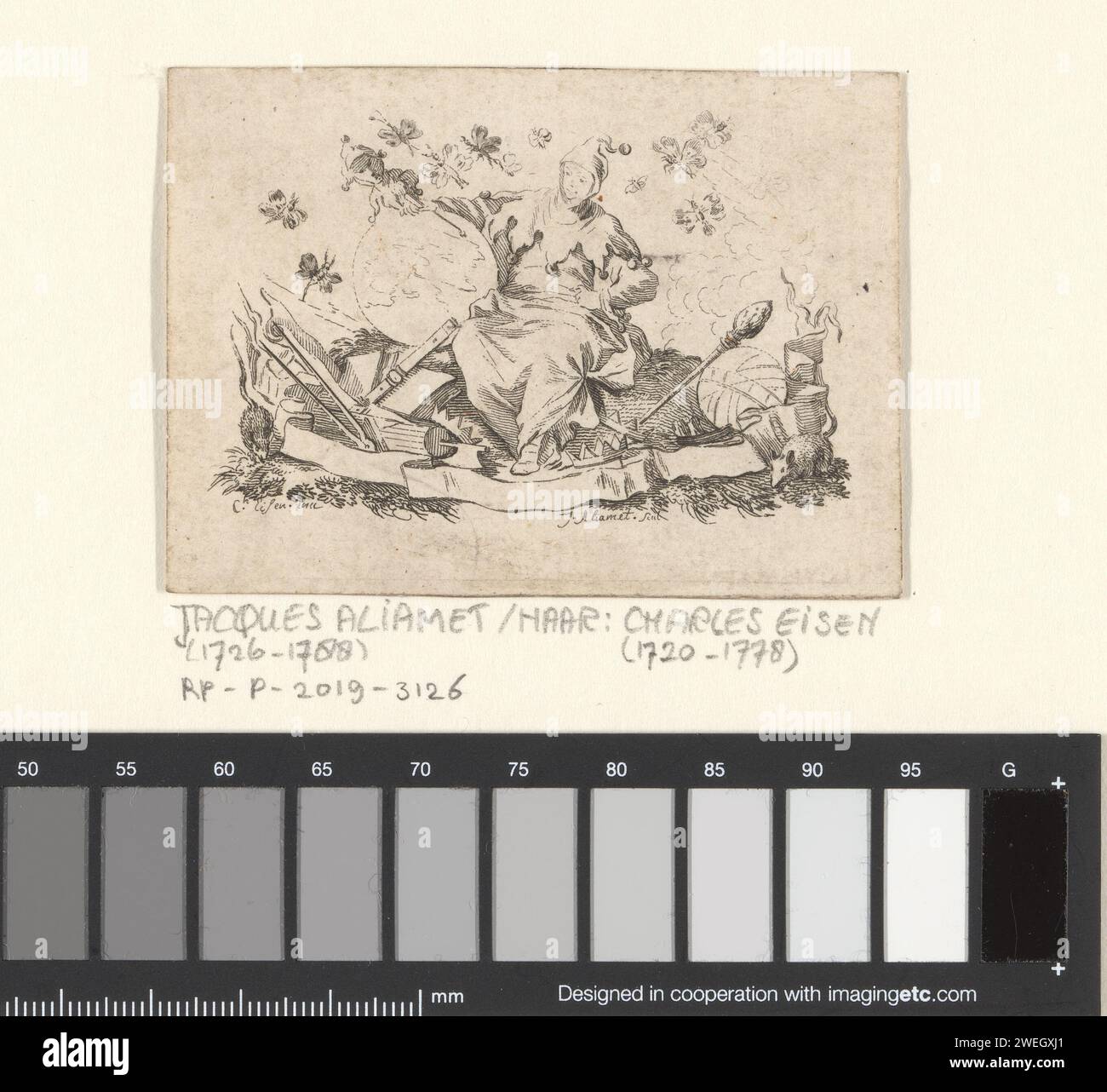 Vignette avec un nar à côté d'un globe, Jacques Aliamet, d'après Charles Joseph Dominique Eisen, 1736 - 1788 papier imprimé gravure vignette. bouffon de cour, idiot de cour Banque D'Images