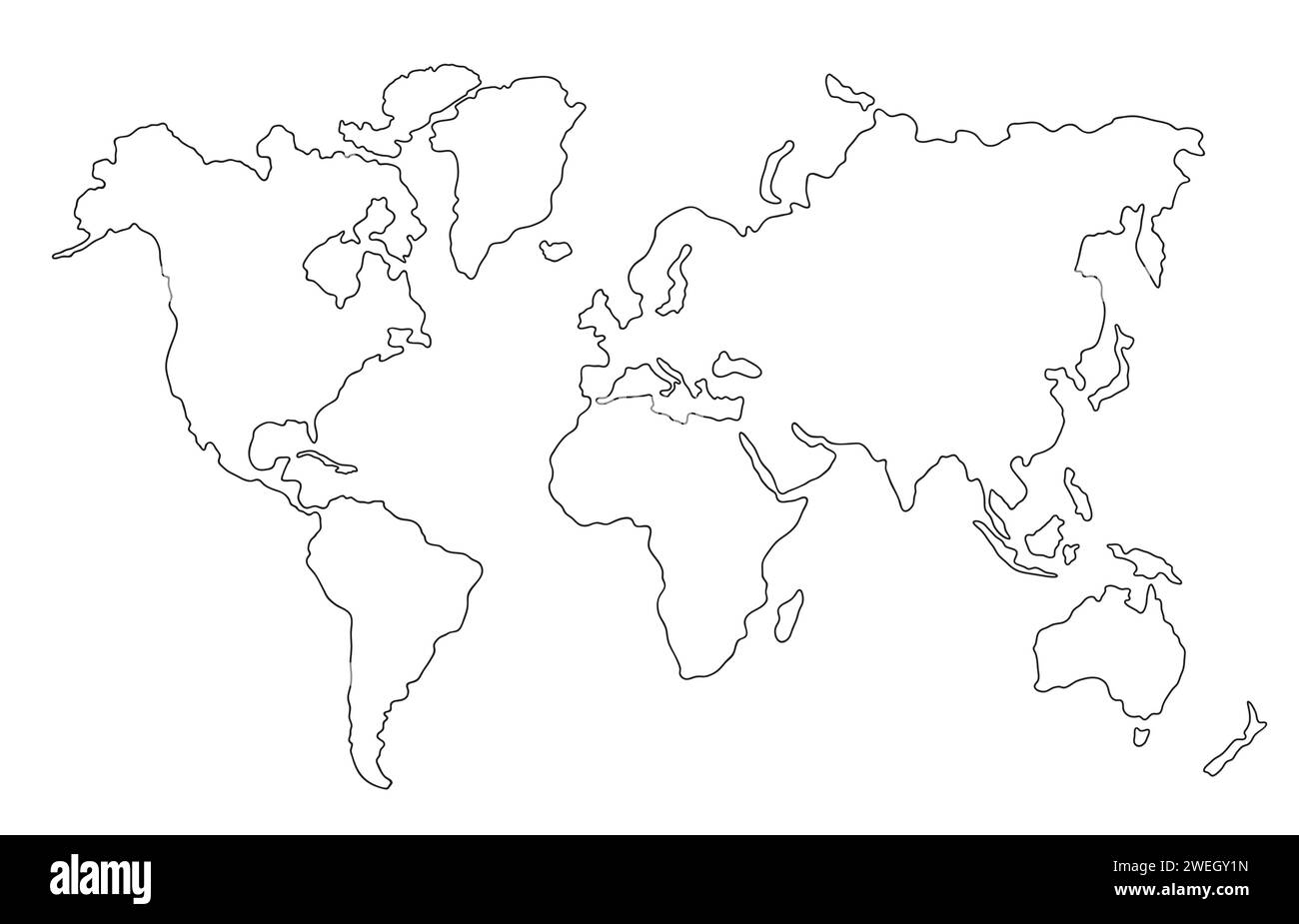 Ligne simple de carte du monde. Contour carte du monde plate. Globe à silhouette dessinée à la main. Esquisse linéaire noire de carte du monde isolée sur fond blanc. Ligne simplifiée Illustration de Vecteur