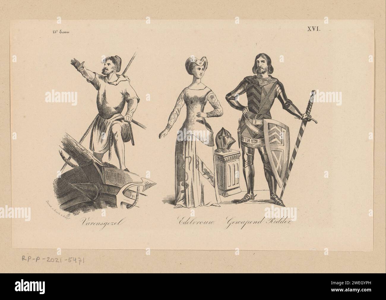 Zeeman, noble femme et chevalier en vêtements du XVe siècle, Anonyme, 1857 estampe numérotée en haut à droite : XVI vêtements en papier, costume. marin. knight Banque D'Images