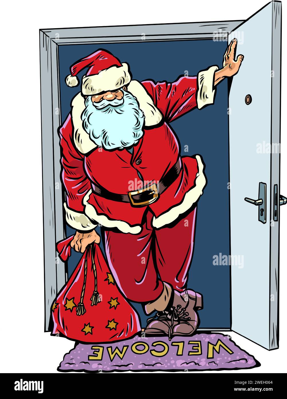 Le prochain Noël arrive dans la maison. Le Père Noël ouvrit la porte respirante de la tempête de neige. Réveillon du nouvel an et livraison de cadeaux partout Illustration de Vecteur