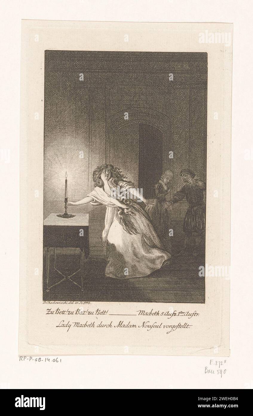 Lady Macbeth, Daniel Nikolaus Chodowiecki, 1778 print Lady Macbeth endormie, jouée par Maria Rosalia Nouseul, saisit un chandelier avec sa main droite. Gravure de papier Macbeth. chandelier. somnambulisme Banque D'Images