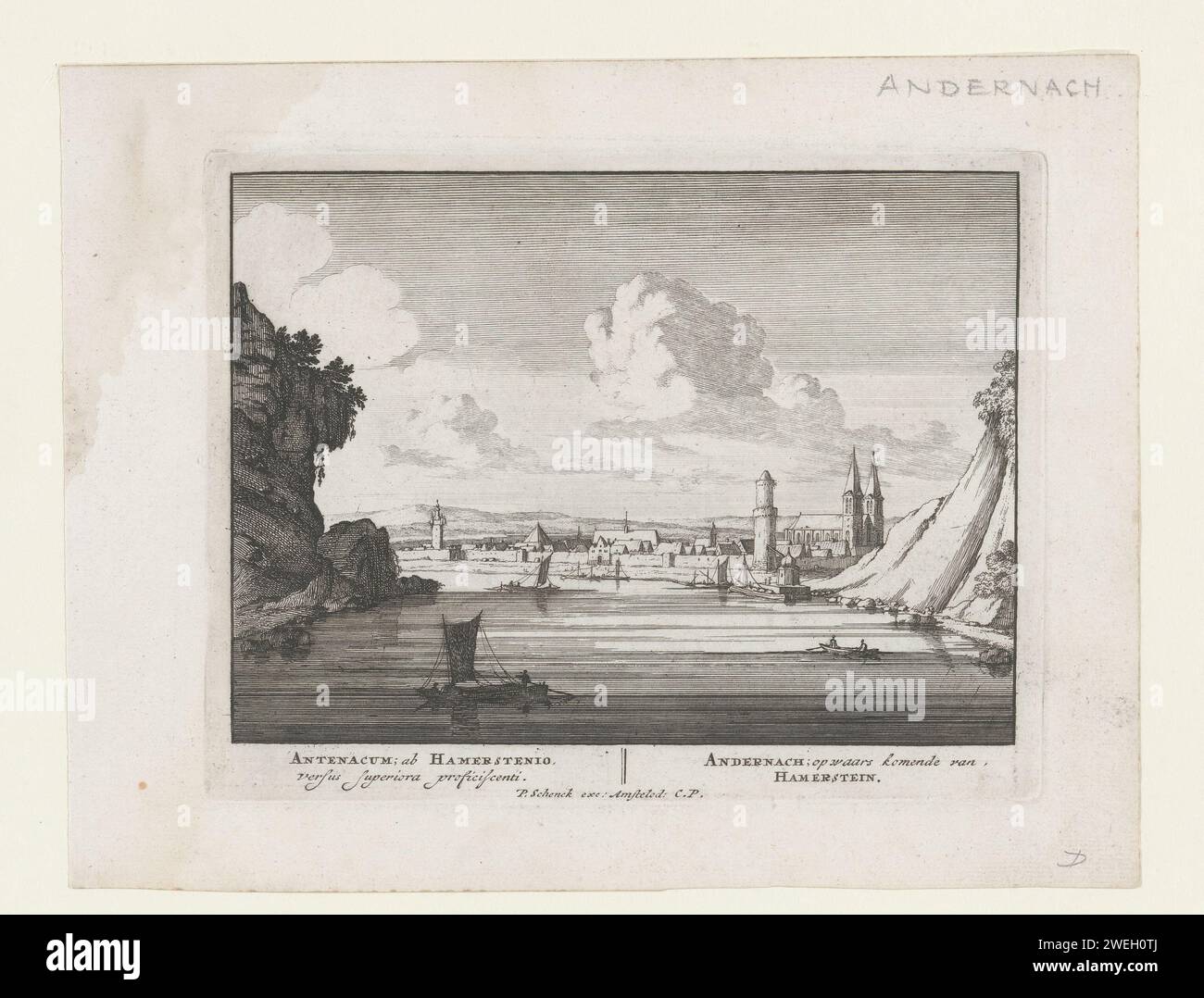 Vue sur Andernach, Pieter Schenk (I), d'après Jan van Call (I), c. 1694 - c. 1697 papier gravure perspective de village, silhouette de village. la rivière Andernach Banque D'Images