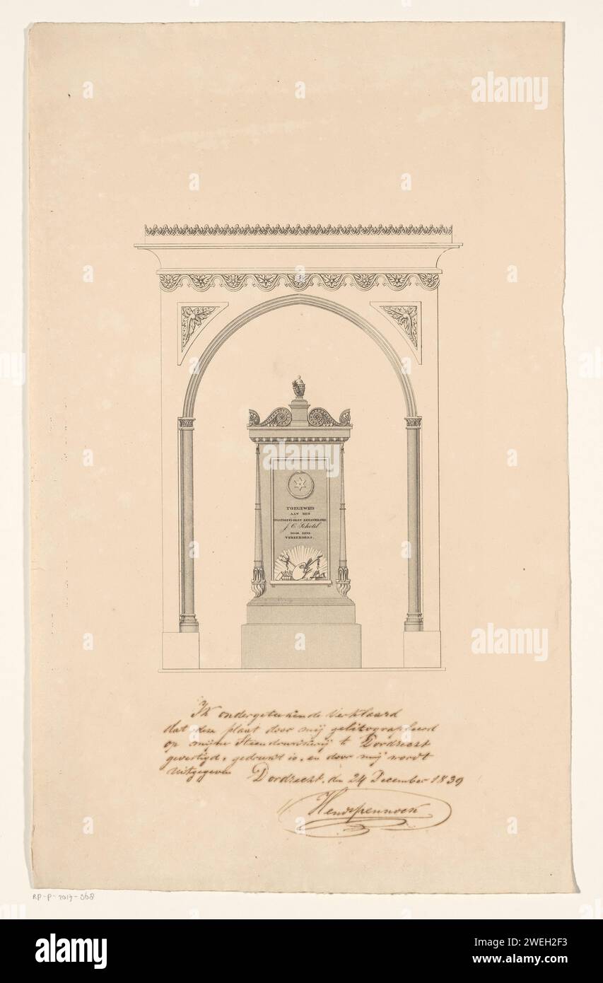 Monument funéraire de Johannes Christiaan Schotel, Hendrikus Pennock, 1839 impression image architecturale du monument dans la Grote Kerk à Dordrecht. La tombe est sur un piédestal et est décorée avec une liste d'œufs, volutes et un tour de tombe. Attributs de peintre peint, instruments nautiques, branches de baie et chevalerie. L'ensemble est placé sous un arc pointu et est flanqué de deux colonnes. tombe en papier, tombe. palette. Ordre de chevalerie grand ou Église notre-Dame Banque D'Images