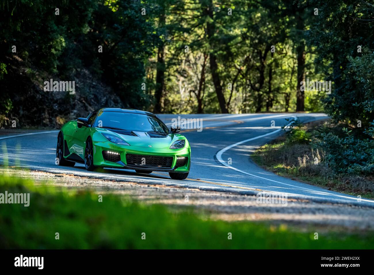 Une voiture de sport Green Lotus conduisant à travers quelques virages dans les bois Banque D'Images