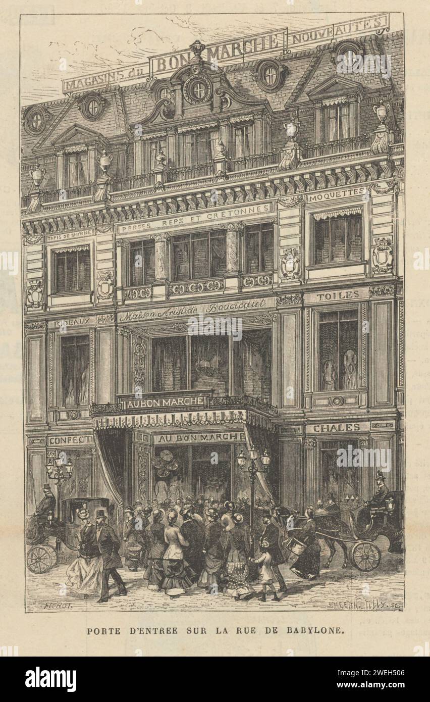 Au bon marché, 1880 entrée du célèbre grand magasin 'au bon marché' à Paris, rue de Babylone. Avec un large public qui se déplace devant l’entrée. Sur la façade : enseigne sur le toit : 'magasins du bon marché Nouveautés'. Au milieu de la façade : 'Maison Aristide Boucicaut' (nom du fondateur). Au-dessus de l'entrée encore 'au bon marché' et plus loin sur la façade les différents produits qui peuvent être achetés tels que toiles, Chales etc Illustration dans l'article de journal automne 1880 sur le grand magasin de Paijs vieux de 20 ans, toujours en expansion, qui par tous Banque D'Images