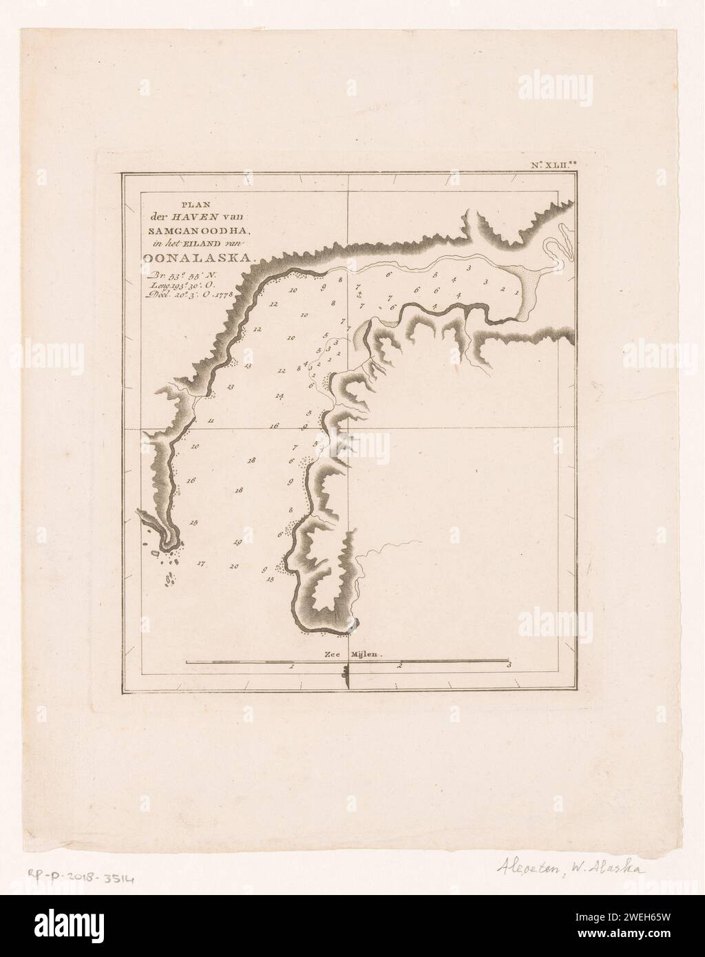 Carte d'un port sur l'île d'Unalaska, Anonyme, 1795 - 1803 imprimer carte avec mesures de profondeur dans la baie. En haut à droite, le numéro 'XLII **'. Gravure papier cartes de pays ou de régions distinctes vers le bas Banque D'Images