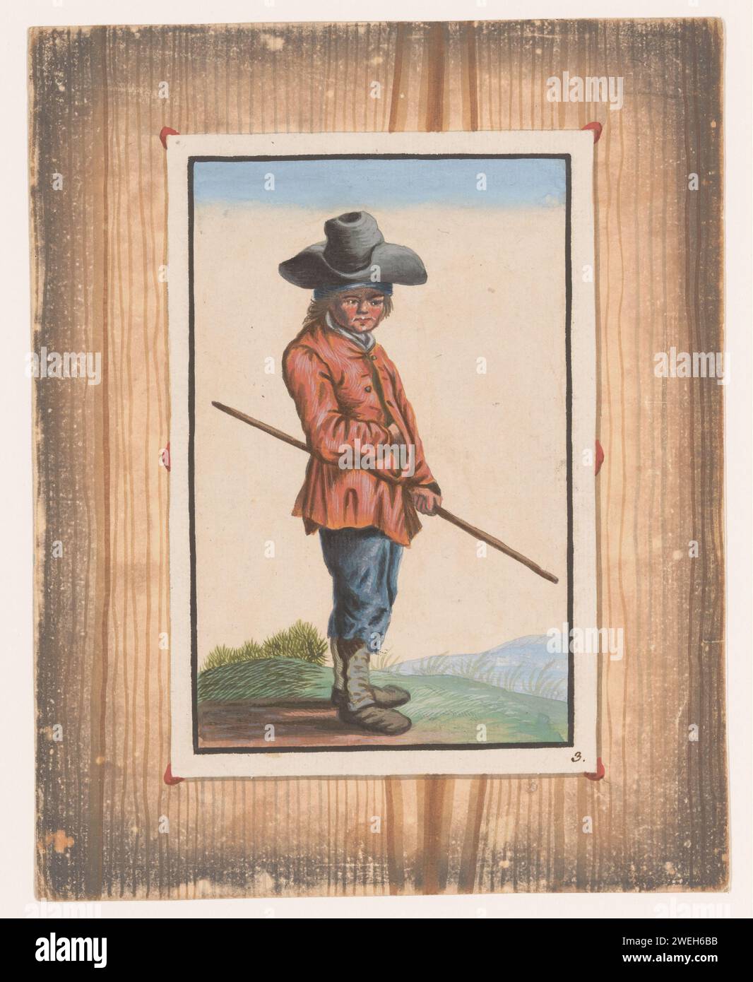 Garçon debout avec un bâton, anonyme, c. 1740 - c. 1760 imprimer trompe l'oeil : comme si la feuille avec le spectacle contre un mur en bois a été attachée. gravure sur papier 'illusion optique' Banque D'Images