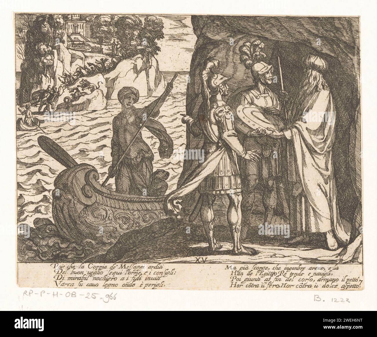 Illustration au Canto XV de 'Gerusalemme Liberata' de Tasso, Antonio Tempesta, 1565 - 1630 imprimer les chevaliers Ubaldo et Carlo représentent une grotte avec le magicien qui leur offre un bouclier, une épée et une carte. Derrière eux une femme dans un bateau à rames. En arrière-plan, les chevaliers arrivent sur l’île d’Armida, où ils se battent avec des animaux sauvages. Versets italiens de Tasso en deux colonnes dans Submarge. Gravure sur papier (scènes de) œuvres littéraires spécifiques : Tasso, Gerusalemme Liberata. knight. prosélytisme militant : guerre religieuse, croisade, etc. sorcier, magicien, magicien, warlock Banque D'Images