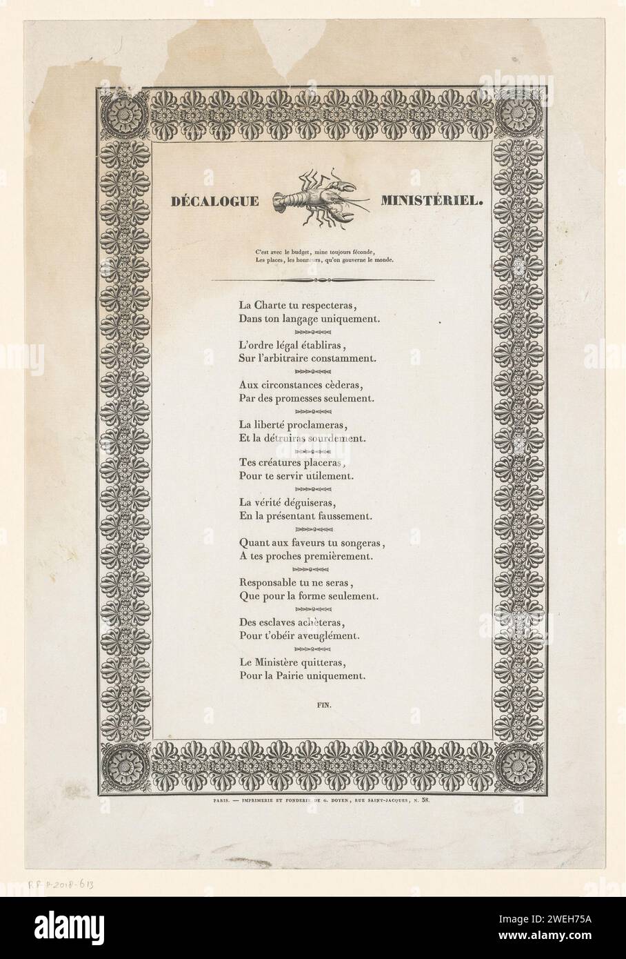 Dix commandements ministériels, 1828, G. Doyen, 1828 Imprimer dix commandements du Ministre, 1828. Texte imprimé dans un cadre ornemental, en haut une vignette avec un homard. Partie d'un groupe de trois tirages avec un décalogue. impression typographique papier organismes gouvernementaux et représentatifs Banque D'Images