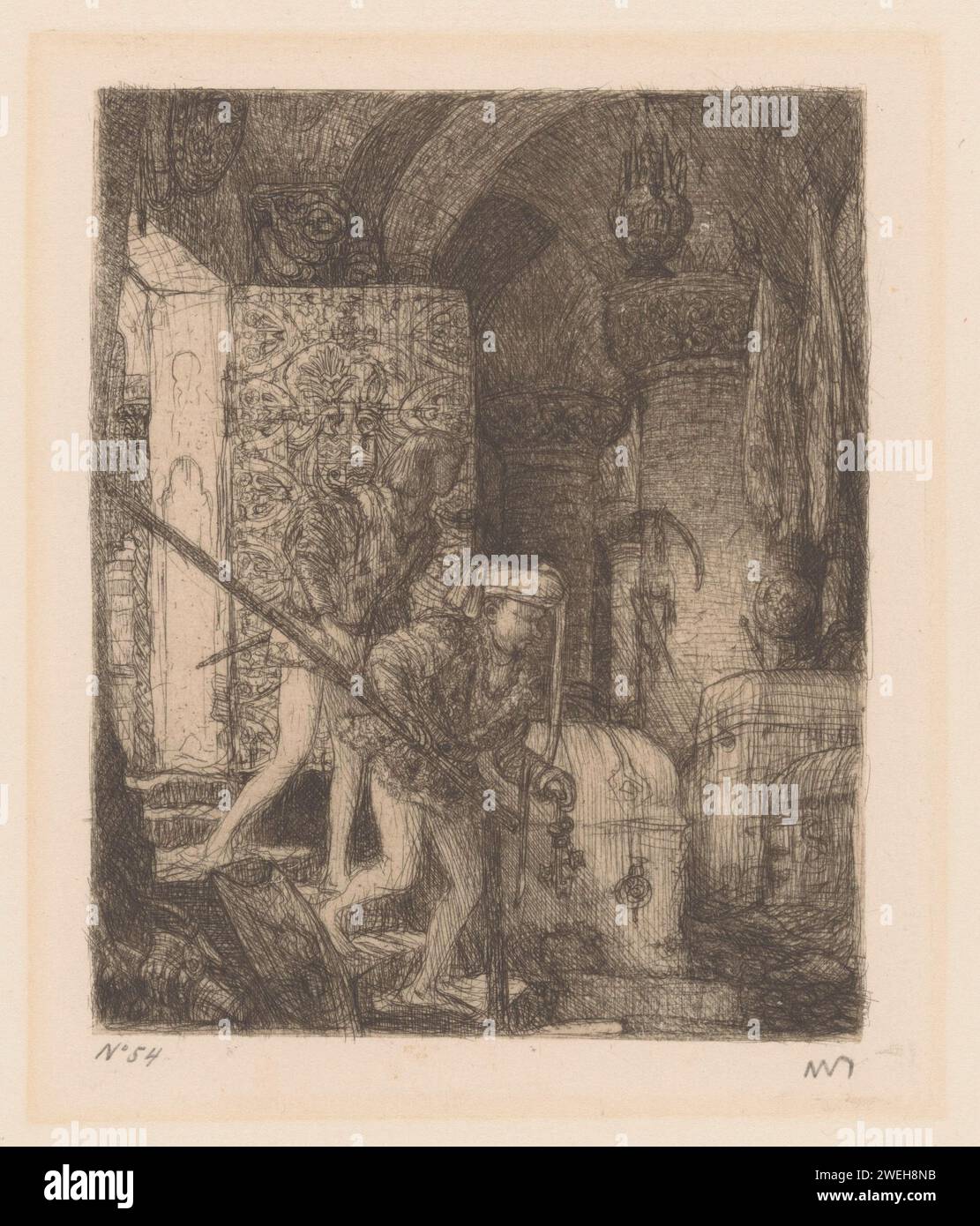 Chambre au Trésor, Marius Bauer, 1902 imprimer deux hommes descendent un escalier vers une pièce contenant différents objets. La lumière tombe dans l'espace par la porte. dépôt de gravures de papier (d'objets de valeur) Banque D'Images