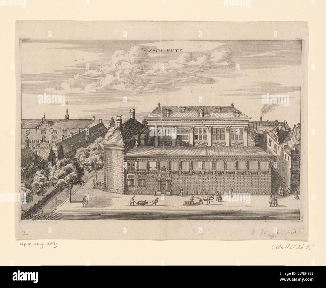 Vue du Spinhuis à Amsterdam, Jacob van Meurs (possible), 1663 - 1664 imprimer vue du Spinhuis sur le Spinhuissteeg à Amsterdam. Au milieu, le Spinhuispoort. Sur la gauche, l'Oudezijds Achterburgwal avec une partie du Prinsenhof. Sur la droite, la transversale Spinhuissteeg. Différents personnages dans la rue. atelier de gravure de papier, camp pénitentiaire, pénitencier, gang de chaîne. prison, prison. portail, entrée. rue (+ city(-scape) avec chiffres, staffage). Canaux, eaux (en ville) Spinhuis. Spinhuissteeg. Le Oudezijds Achterburgwal. Prinsenhof Banque D'Images