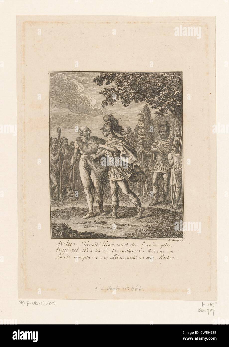 Bojokal et AVITUS en conversation sur la distribution du pays, Daniel Nikolaus Chodowiecki, 1785 impression avec légende en allemand. drapeaux et normes de gravure sur papier (militaires). après la bataille. armure. conversation, dialogue ; pièce de conversation Banque D'Images