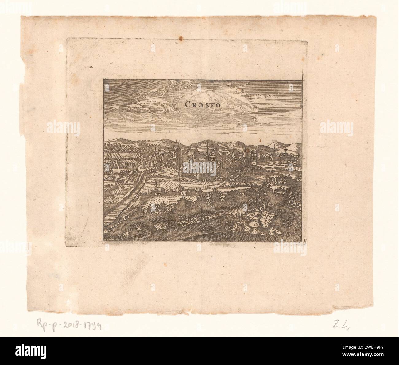 Vue de Krosno, Anonyme, 1650 - 1749 tirage numéroté en bas à droite : 5. papier gravure perspective de la ville, panorama de la ville, silhouette du métier à tisser de la ville Banque D'Images