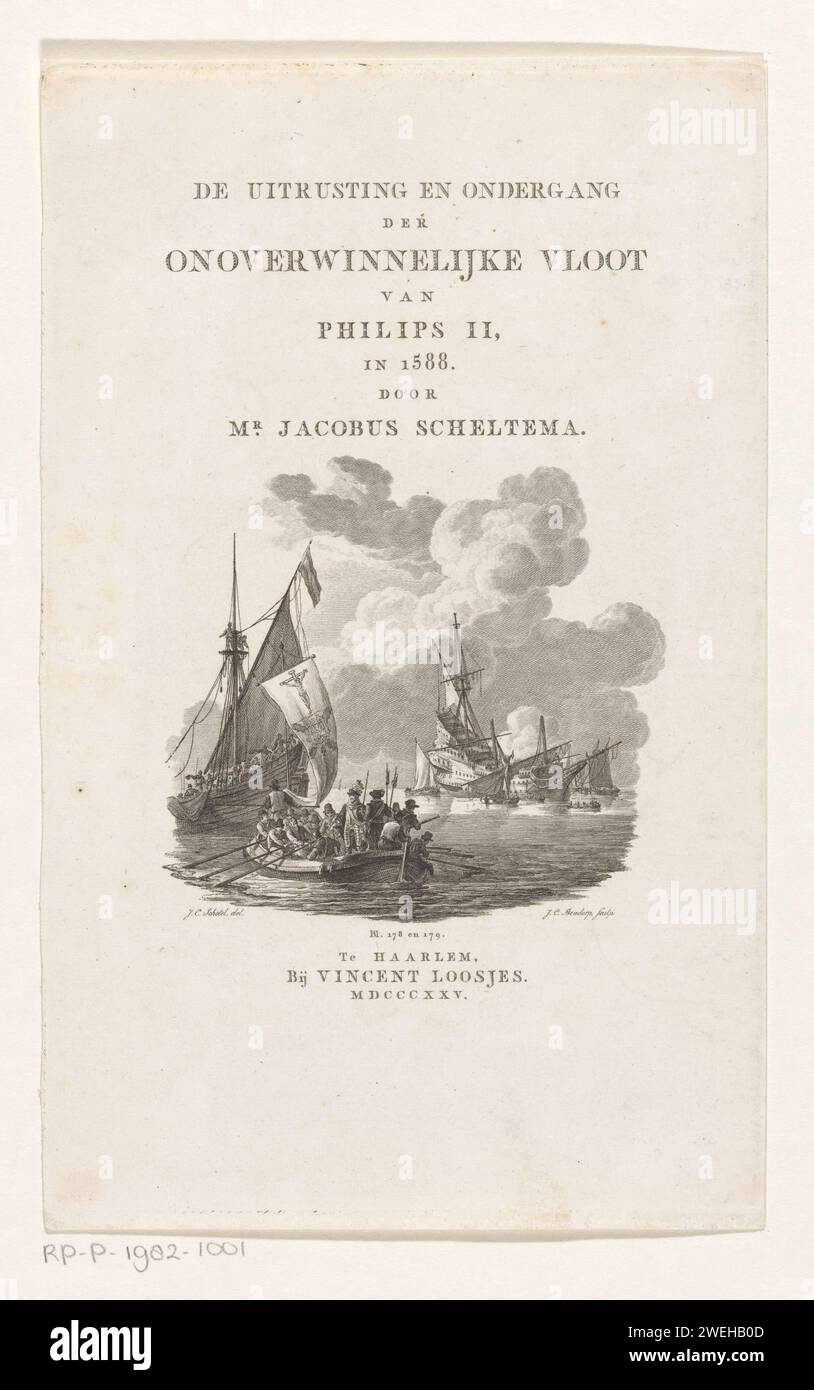 Entrant dans l'Armada espagnole, Johannes Christiaan Bendorp, après Johannes Christiaan Schotel, attaque imprimée en 1825 de bateaux hollandais sur un voilier de l'Armada espagnole lors de la tentative ratée du roi Philippe II d'envahir l'Angleterre en 1588, pendant la guerre hispano-anglaise. bataille de gravure sur papier (+ force navale) Banque D'Images