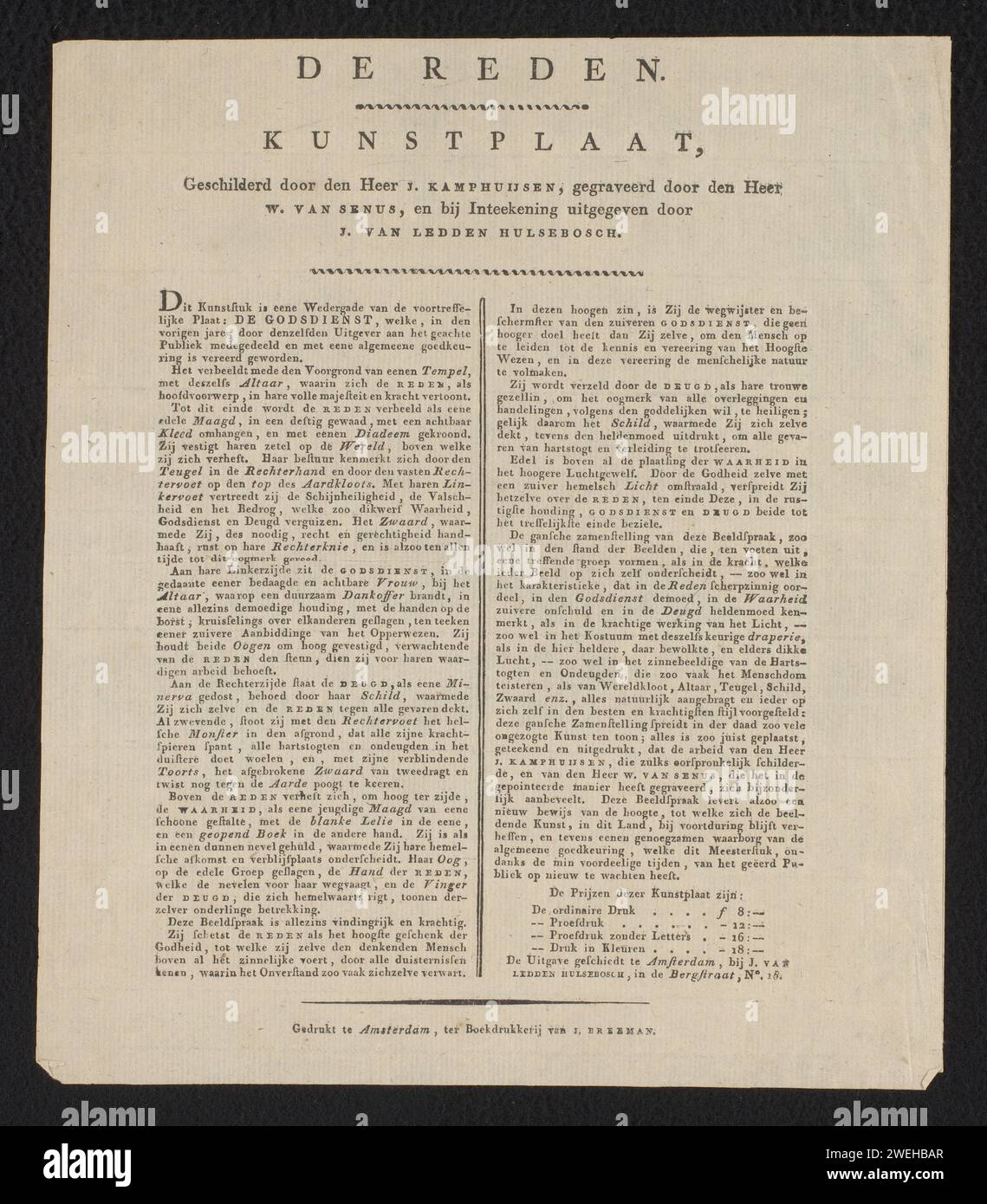 Prospectus pour une représentation allégorique de Rede, J. Breeman, 1802 - 1819 print Prospectus pour une impression de raison par un autel. impression typographique en papier Banque D'Images