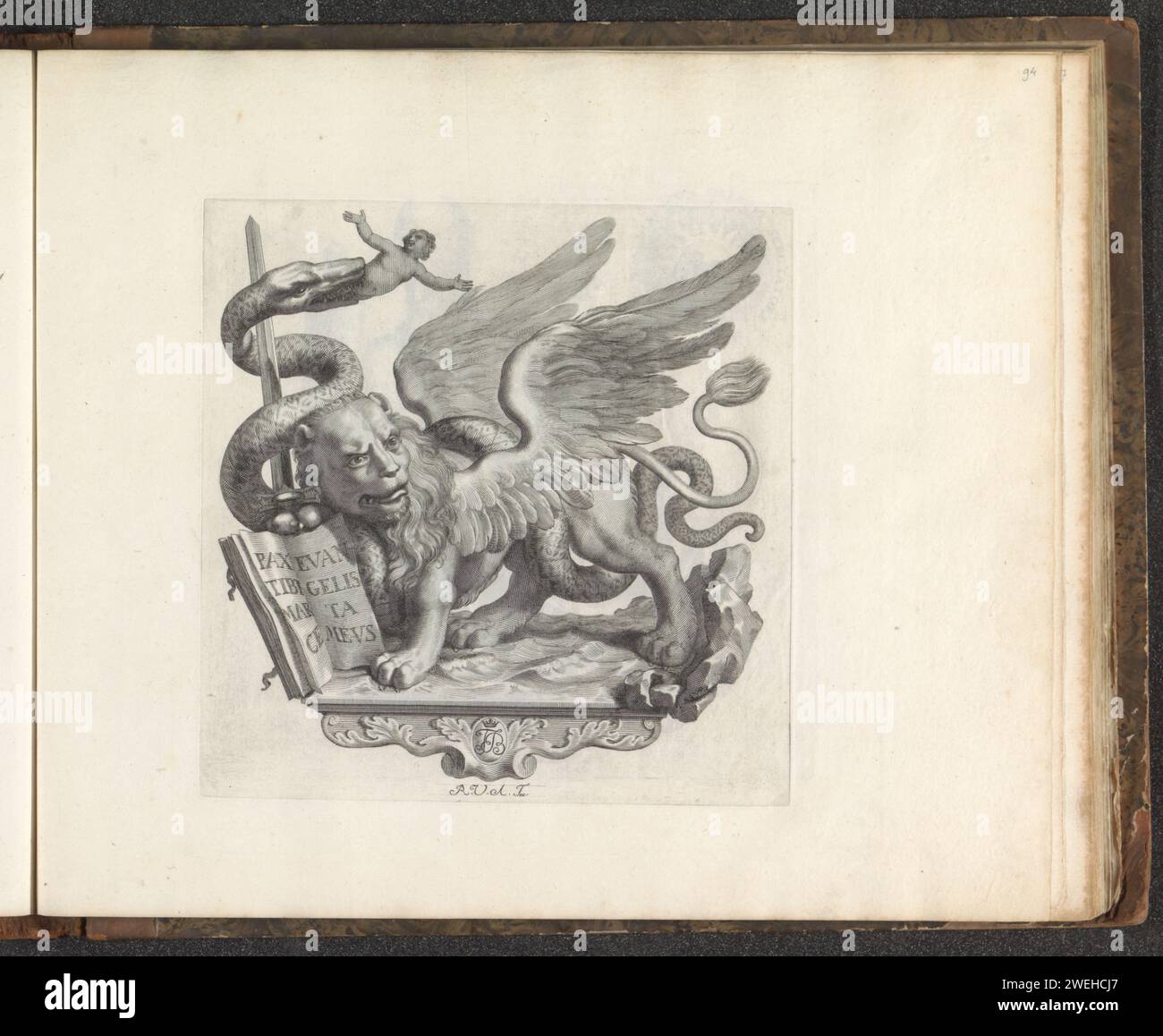 Allégorie de la bataille entre Venise et Milan, Robert van Audenaerd, 1673 - 1743 impression sur une console est le lion ailé de Saint-Marc. Un biscione, un dragon ou un serpent froisse un homme autour de son épée. Il s'agit de l'arme des Visconti, la famille noble italienne que Milan contrôlait. L'impression fait partie d'un album. Gravure de papier lion (éventuellement avec livre)  symbole de Saint-Marc. Serpents Milan. Venise Banque D'Images