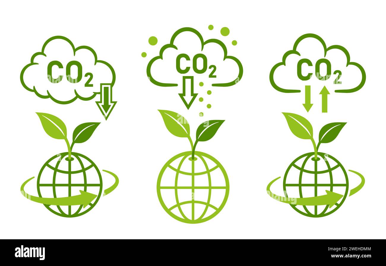 CO2 réduction des émissions de dioxyde de carbone, réduction globale, recyclage des gaz à effet de serre carbonique icône. Faible pollution atmosphérique due aux nuages de fumée. Technologie écologique. Vecteur Illustration de Vecteur