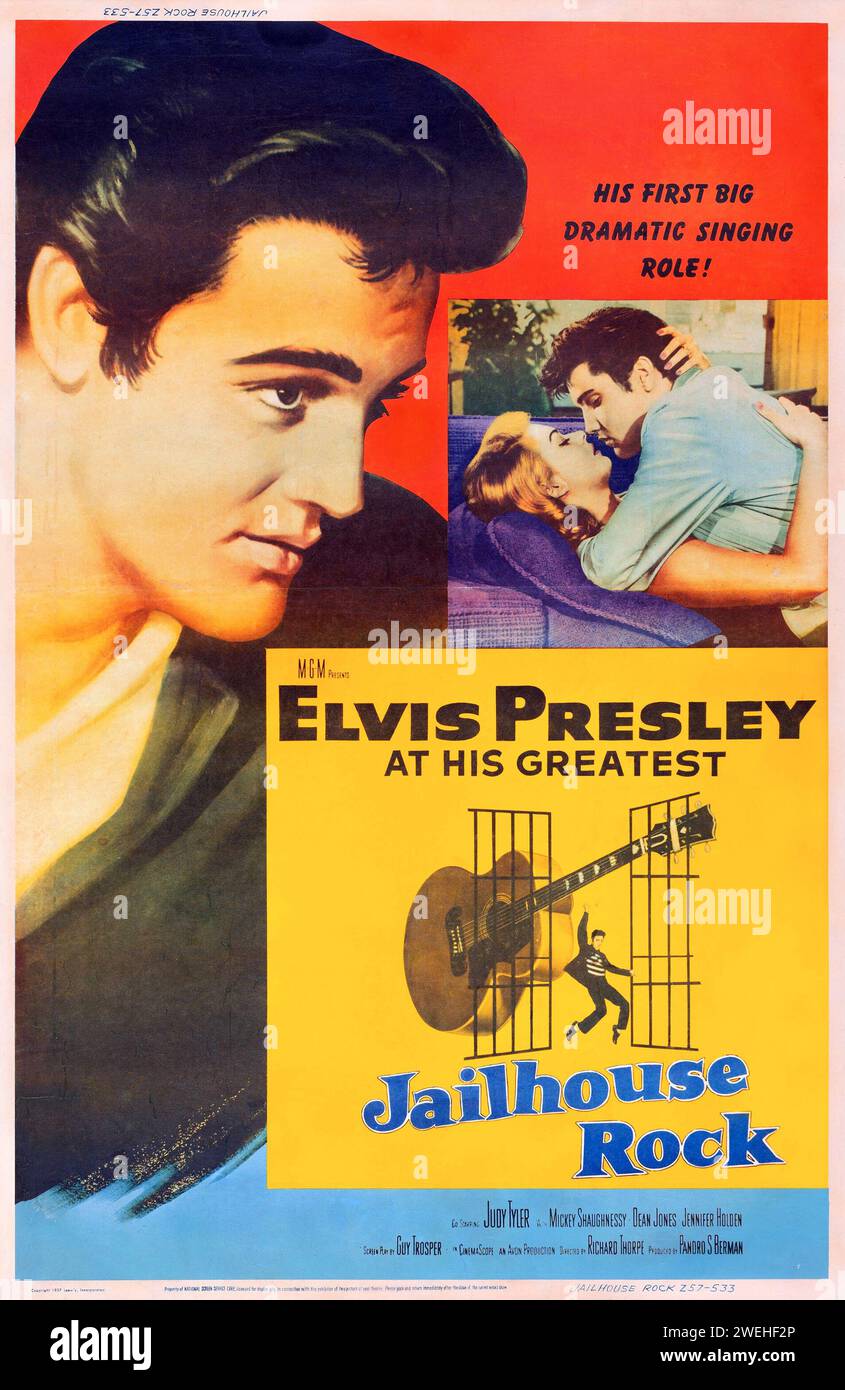 Elvis Presley dans Jailhouse Rock (MGM, 1957). Affiche de film - style Z - Bradshaw Crandell Artwork Banque D'Images Elvis Presley dans Jailhouse Rock (MGM, 1957). Affiche de film - style Z - Bradshaw Crandell Artwork Banque D'Images