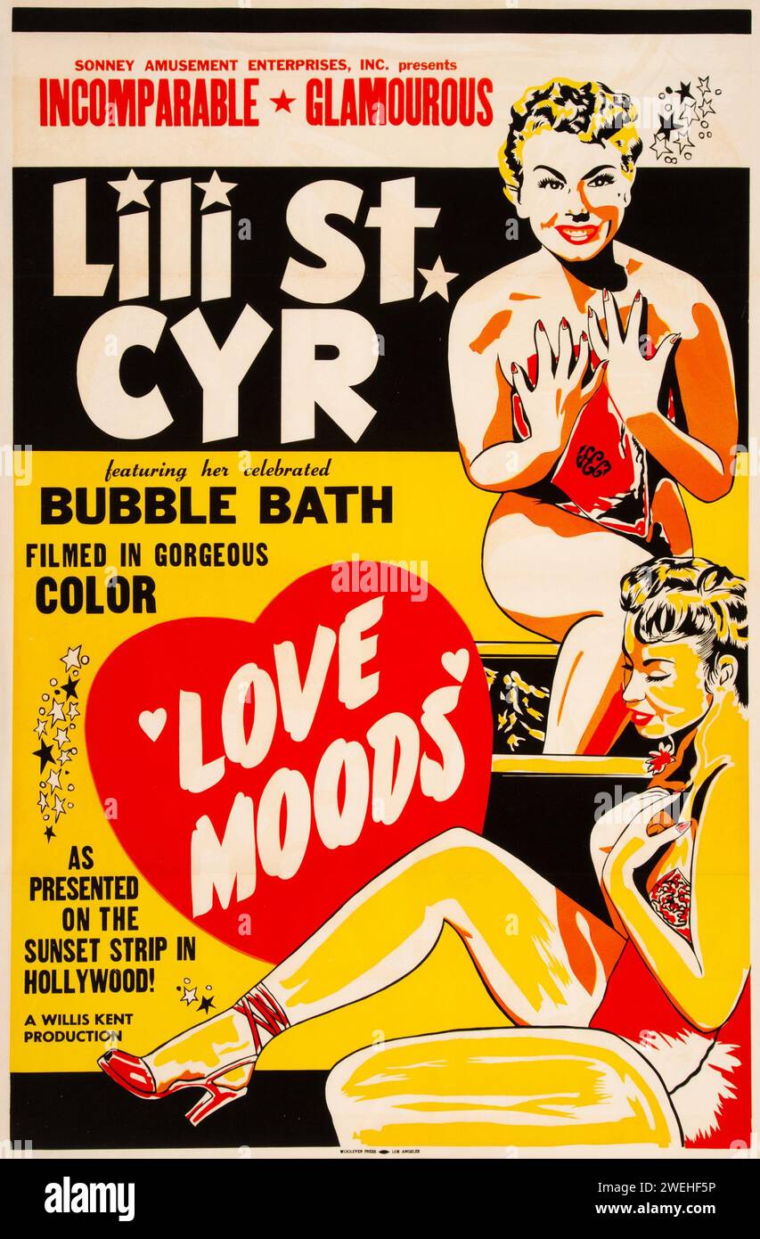 Lili St. Cyr In Love Moods - avec son célèbre bain moussant - affiche du film de Vintagee, c. 1952 Banque D'Images