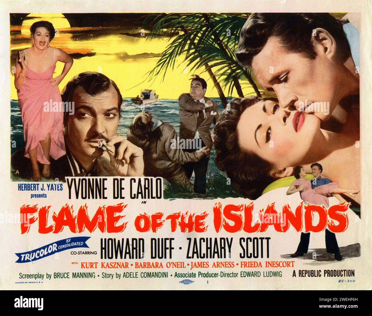 Affiche promotionnelle pour la flamme des Îles (1956) Yvonne de Carlo, Howard Duff, Zachary Scott Banque D'Images