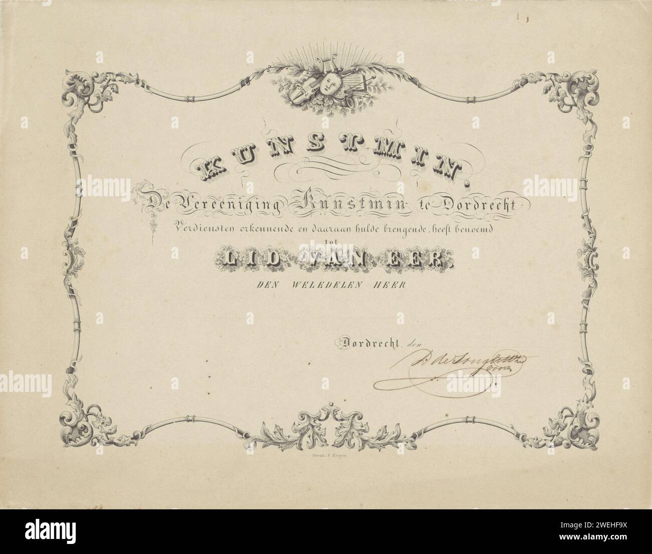 Certificat d'adhésion Association Kunstmin à Dordrecht, Anonyme, 1846 - 1880 imprimer à l'intérieur d'un bord d'ornement se trouve le texte : Kunstmin. Le Kunstmin Vereeniging à Dordrecht mérite d'être reconnu et Hulde, a nommé les parties de Lord Wel. Au sommet du bord de l'ornement un violon, un masque, une palette avec des pinceaux, une harpe et une partition musicale. ornement papier  cartouche Banque D'Images