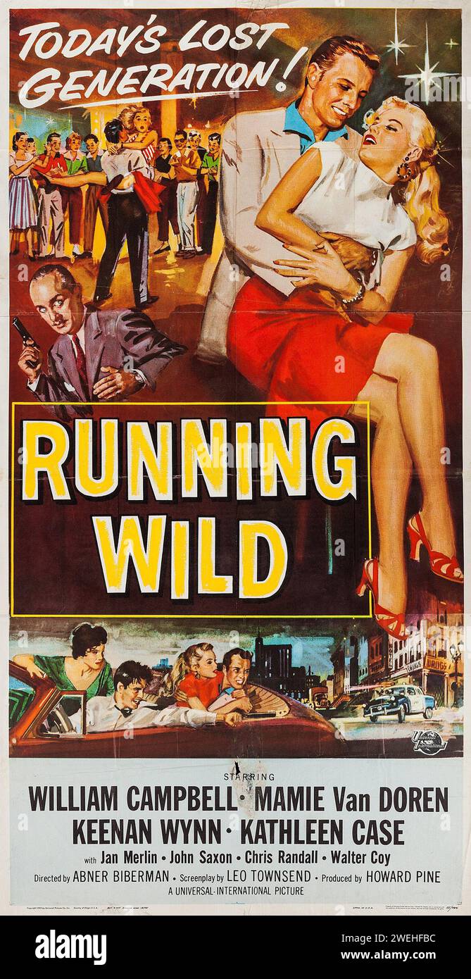 Affiche de film vintage des années 1950 - Running Wild (Universal International, 1955) William Campbell, Mamie Van Doren, Keenan Wynn, Kathleen case Banque D'Images