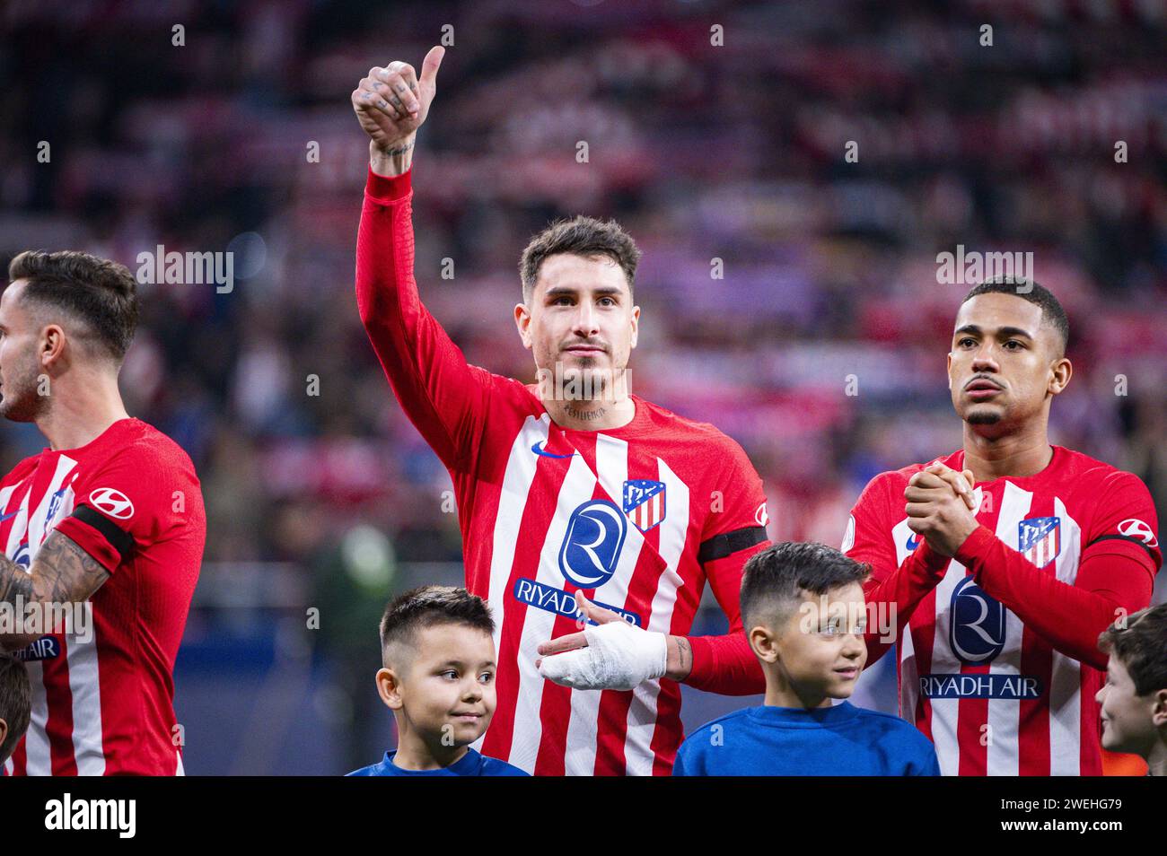 Madrid, Espagne. 25 janvier 2024. Jose Gimenez de l'Atletico Madrid vu avant le match de football valable pour les quarts de finale du tournoi Copa del Rey entre l'Atletico Madrid et Séville joué à l'Estadio Metropolitano à Madrid, Espagne. Crédit : Agence photo indépendante/Alamy Live News Banque D'Images