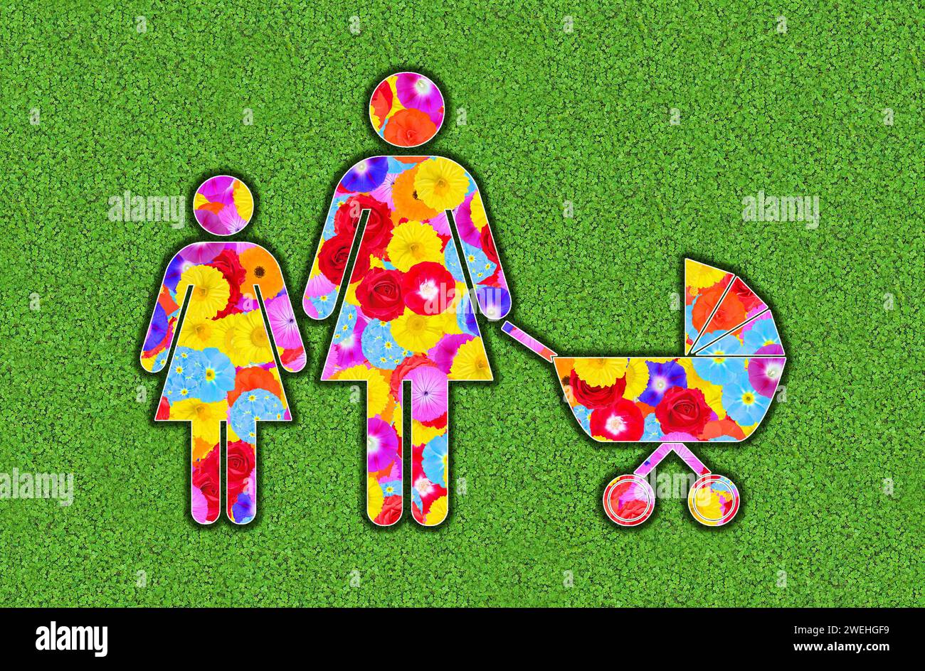 Pictogramme d'une femme avec fille et poussette, représenté avec des fleurs colorées sur un fond vert Banque D'Images