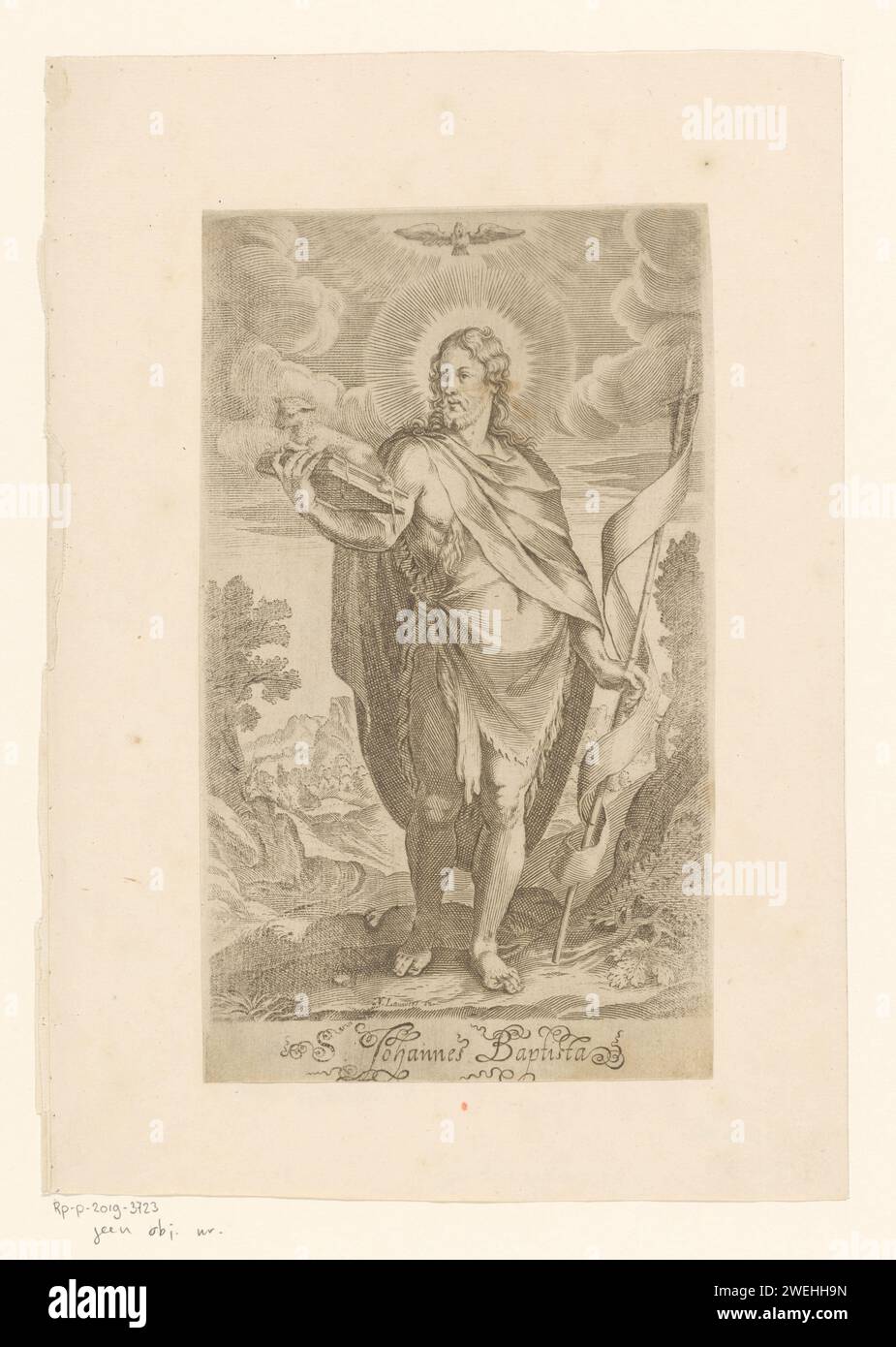 Johannes de Boper, Anonyme, 1600 - 1699 imprimer papier gravure Jean le Baptiste ; attributs possibles : livre, croix de roseau, coupe baptismale, nid d'abeille, agneau, personnel Banque D'Images
