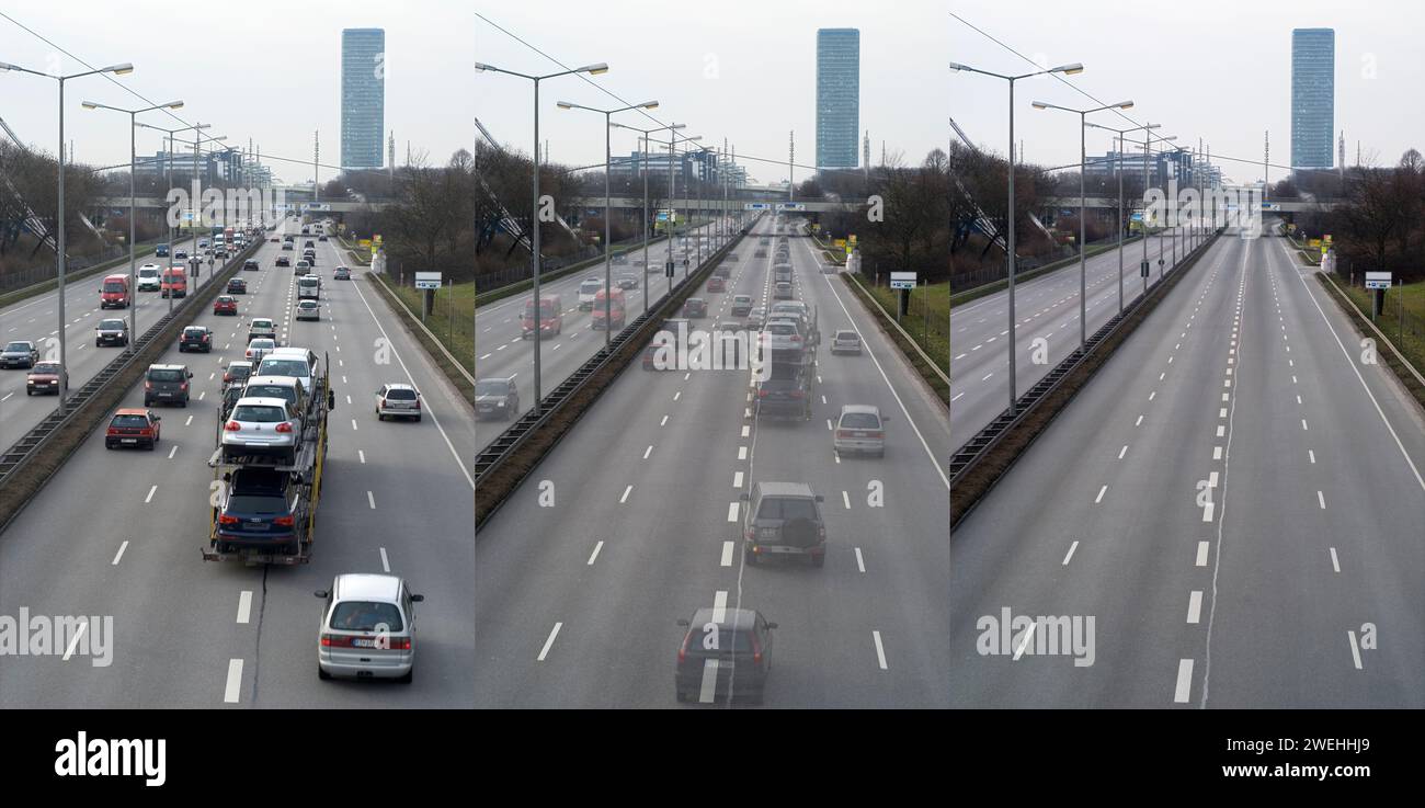 Le trafic sur le Mittlerer Ring près du stade olympique disparaît mystérieusement, symbole d'un dimanche sans voiture, tour O 2 en arrière-plan, Uptown, Munich Banque D'Images