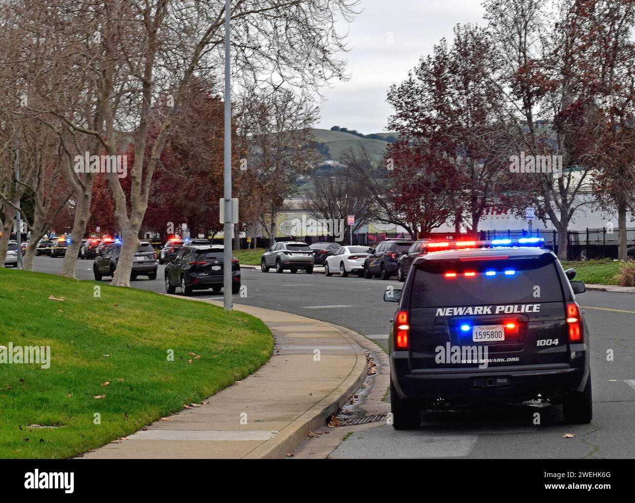 Véhicule de police de Newark, Californie sur une scène de tir à Union City, Californie, le 24 janvier 2024 Banque D'Images