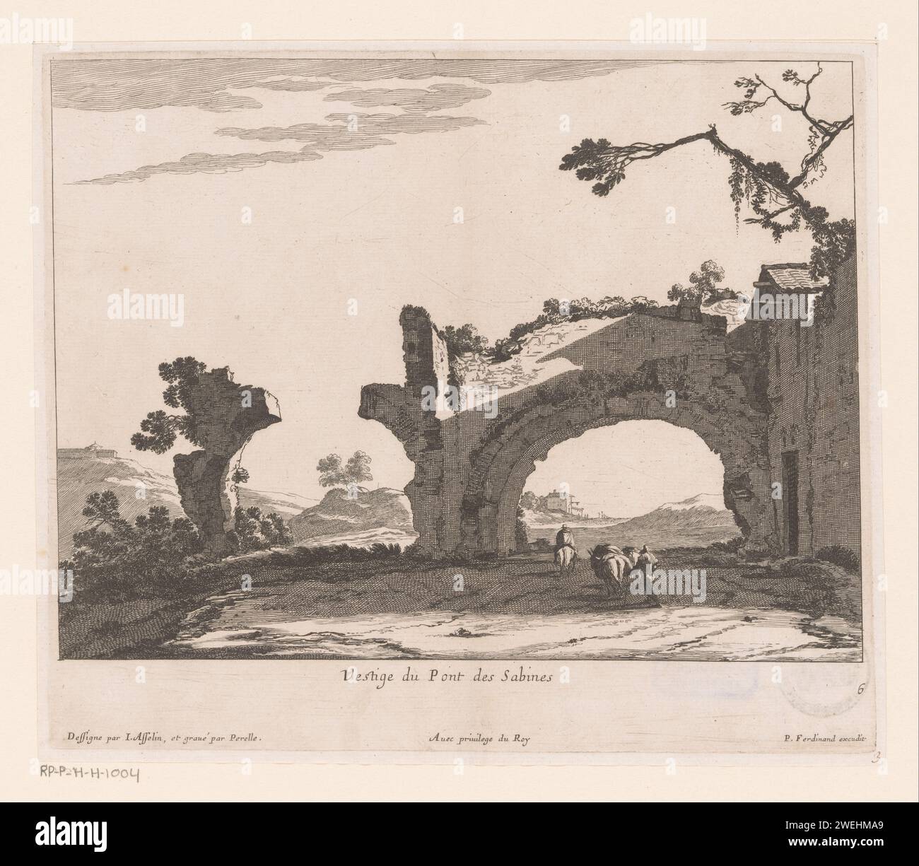 Ruine Van de Pont des Sabines, Nicolas Perelle, d'après Jan Asselijn, 1627 - 1655 tirage numéroté en bas à droite : 6. Papier gravure paysage avec ruines Rome Banque D'Images