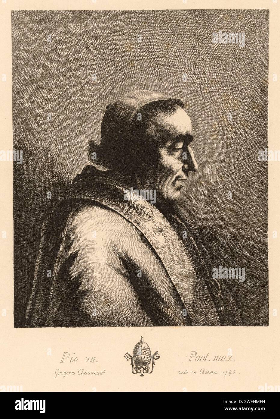1820 c. , ROME , ITALIE : le Pape PIE VII ( PIO VII , 1742 - 1823 ), né comte Barnaba Niccolò Maria Luigi Gregorio Chiaramonti . Était pape de 1800 à sa mort 1823 . Était le 251 ème Pape de l'Église catholique . Portrait par graveur inconnu, d'après Jean Jacques de Boissieu ( 1805 - 1899 ). - Papam - PAPA - RELIGIONE CATTOLICA - RELIGION CATHOLIQUE - ritratto - portrait - incisione - illustration - illustrazione - CITÉ DU VATICAN - VATICANO - HISTOIRE - FOTO STORICHE --- Archivio GBB Banque D'Images