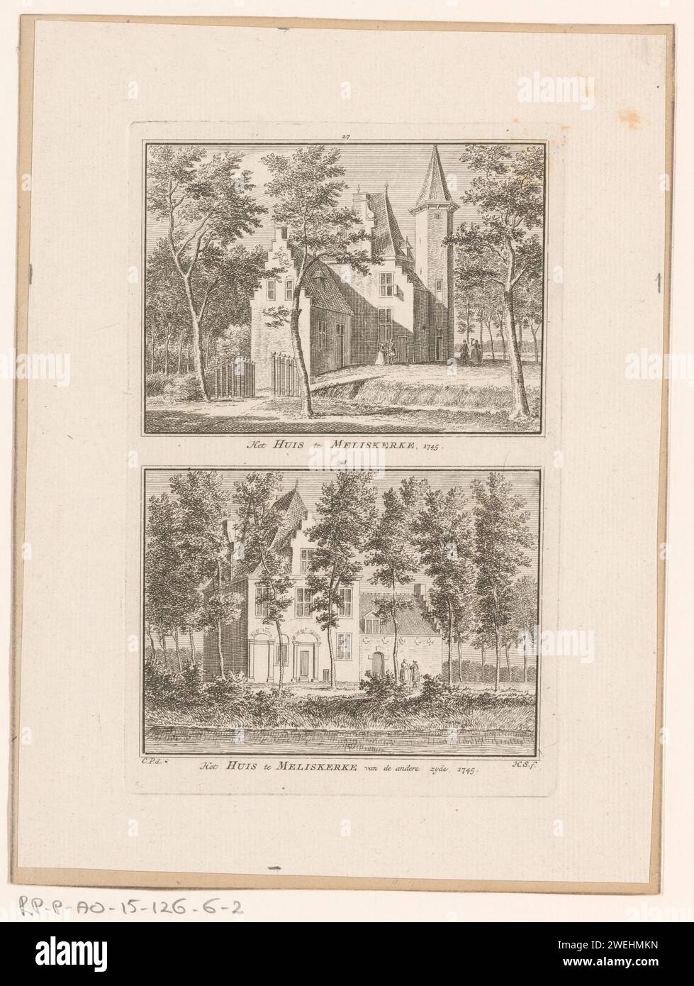 Deux visages à la maison à Meliskerke, 1745, Hendrik Spilman, d'après Cornelis Pronk, 1754 - 1792 impression au-dessus d'un visage sur la maison Buitenhuis à Meliskerke. Sous un visage sur la même maison de campagne, vu de l'autre côté. Les deux dans la situation autour de 1745. Papier gravure maison de campagne à Meliskerke Banque D'Images